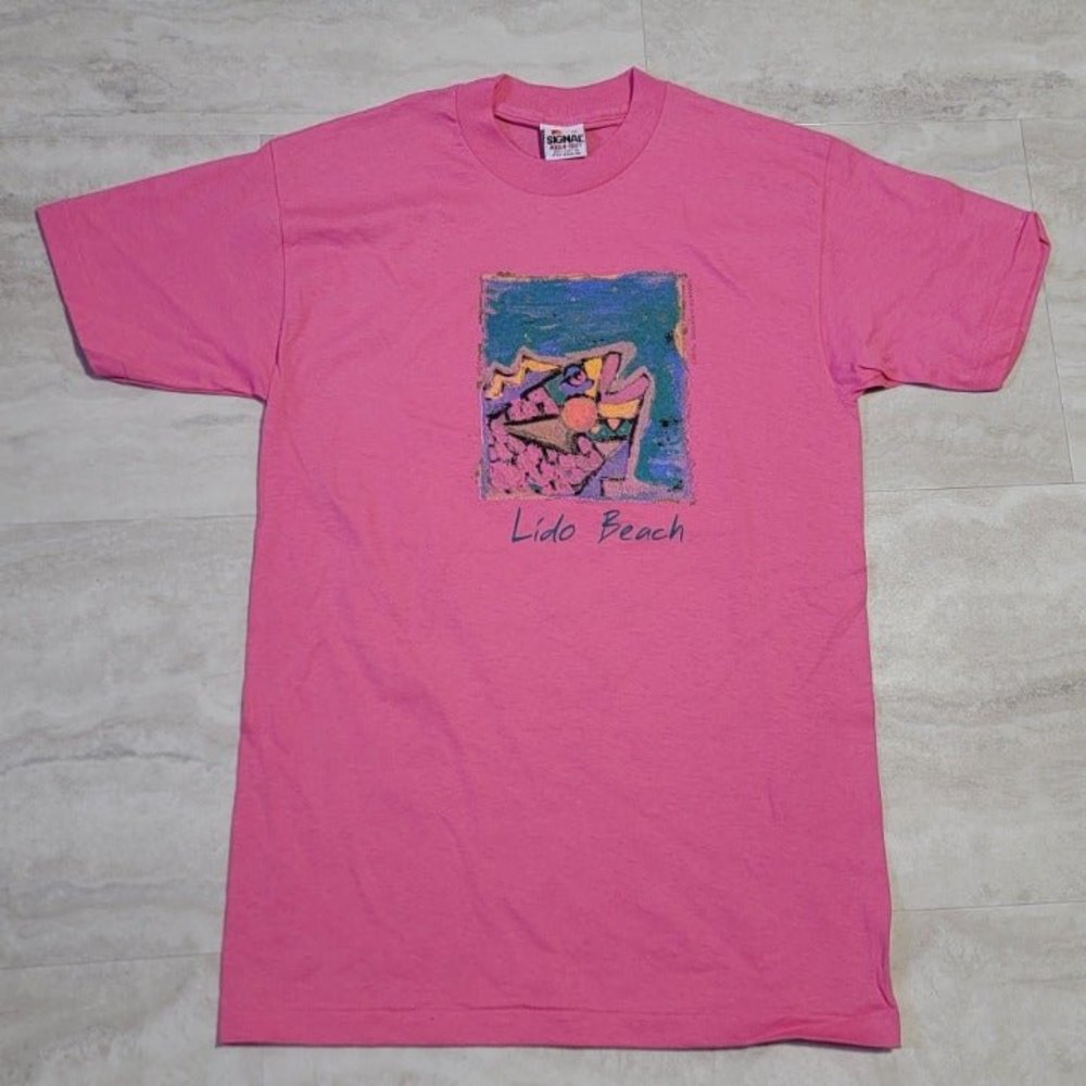 Vintage Lido Beach Fish Graphic Pink Signal Mega-Tee T-Shirt Medium